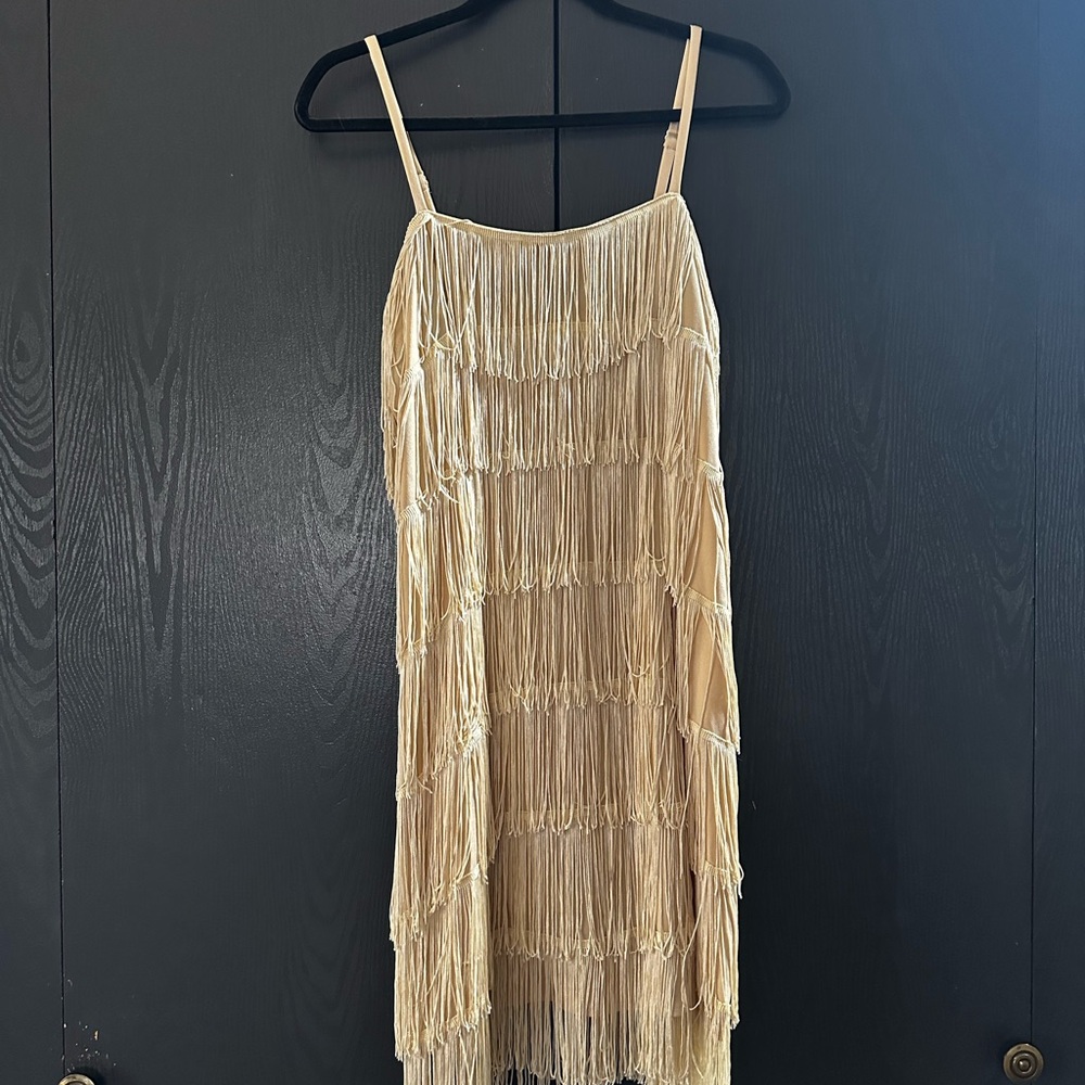 Unique Vintage Champagne 1920s Flapper Fringe Mini Dress